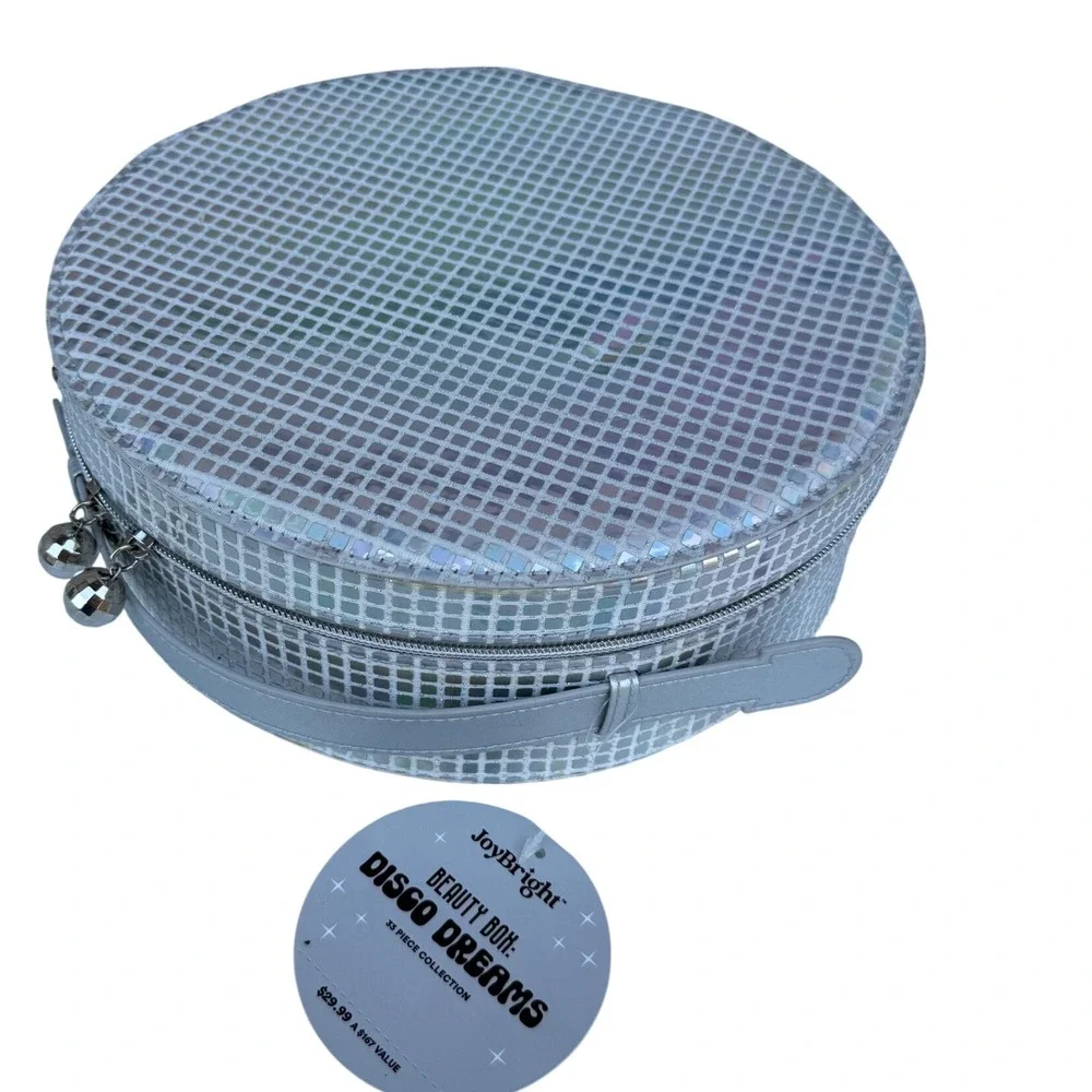 JoyBright Disco Dreams Beauty Box Silver Holographic Round Train Case Mirror NWT